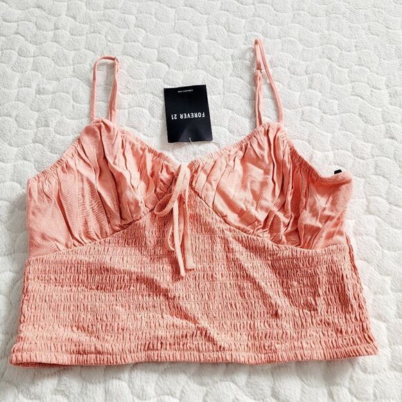 NEW Forever 21 woven cropped cami peach smocked medium y2k - Picture 1 of 5